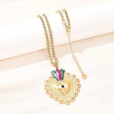 304 Stainless Steel Enamel Heart Pendant Wheat Chain Necklaces NJEW-P430-04A-G-1