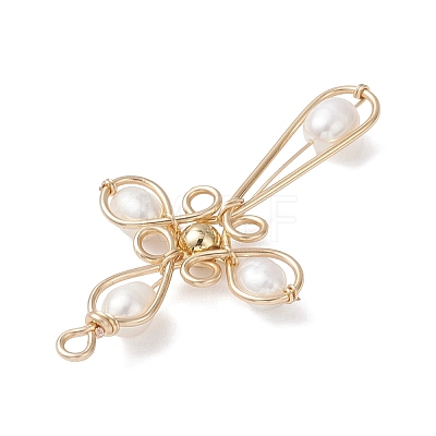 Natural Cultured Freshwater Pearl Copper Wire Wrapped Cross Pendants PALLOY-TA00318-1