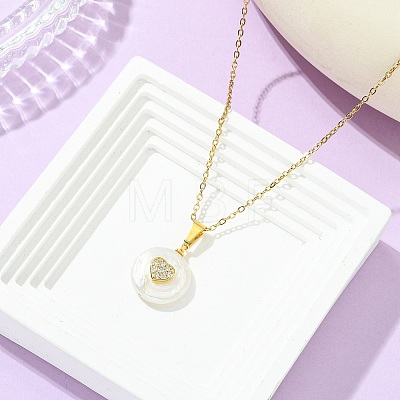 Natural Keshi Pearl Coin with Heart Pendant 304 Stainless Steel Cable Chain Necklaces for Women NJEW-JN06117-1