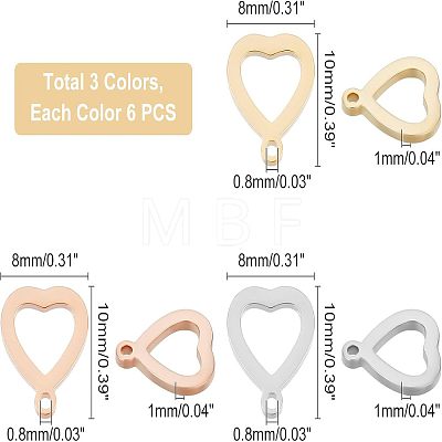 Unicraftale 18Pcs 3 Colors 304 Stainless Steel Open Heart Charms STAS-UN0029-72-1