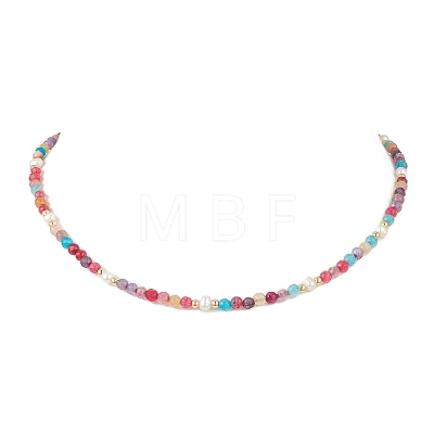 Dyed Faceted Round Natural Agate & Natural Cultured Freshwater Pearl Beaded Necklaces NJEW-JN05817-1