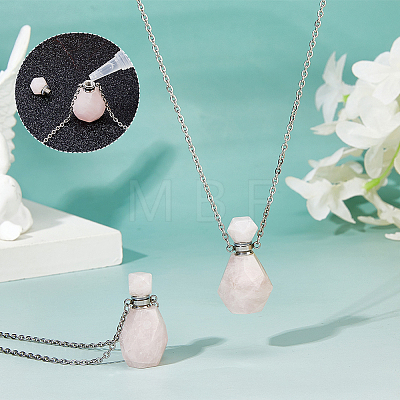 Natural Rose Quartz Faceted Perfume Bottle Pendant 304 Stainless Steel Cable Chain Necklaces NJEW-WH0002-268C-1