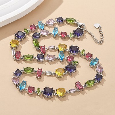 Brass Micro Pave Colorful Cubic Zirconia Link Chain Necklaces NJEW-M089-01P-1