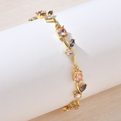 Brass Glass Flower Link Chain Bracelets KK-CBA7DFA-01G-03-1