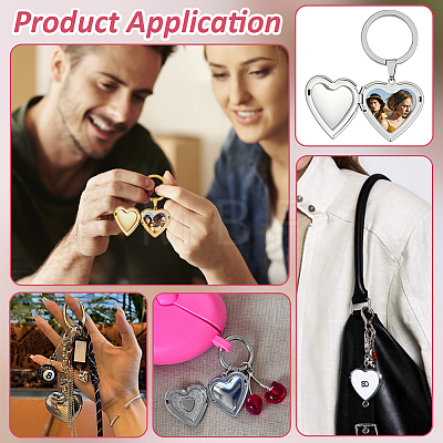 4Pcs 316 Stainless Steel Heart Locket Pendant Keychains KEYC-PH01618-1