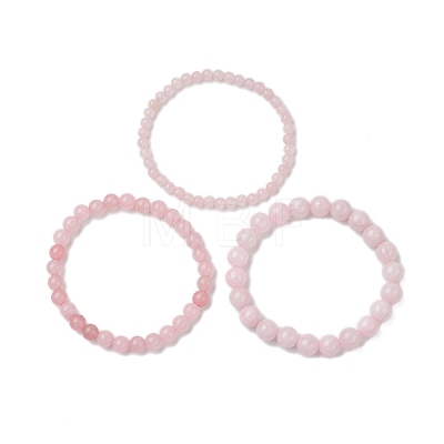 3Pcs Round Natural Rose Quartz Beads Stretch Bracelets BJEW-JB10963-1