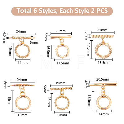   12Pcs 6 Styles Brass Toggle Clasps KK-PH0006-45-1