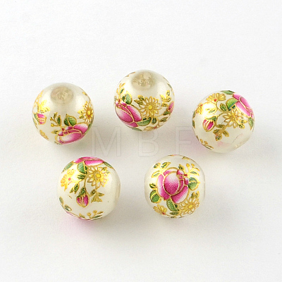 Rose Flower Pattern Printed Round Glass Beads GFB-R005-10mm-A-1