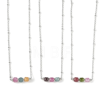 Natural Multicolor Tourmaline Faceted Cube Beads Pendant 304 Stainless Steel Satellite Chain Necklacs for Women NJEW-JN06541-02-1