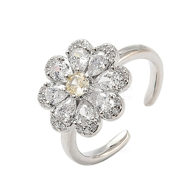 Flower Brass Micro Pave Cubic Zirconia Cuff Rings for Women RJEW-A069-01B-P-1