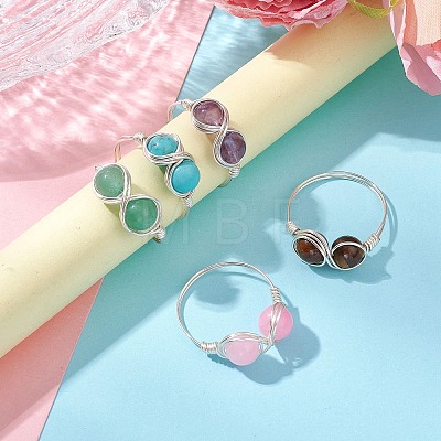 5Pcs Natural Tiger Eye & Dyed Yellow Jade & Amethyst & Green Aventurine & Synthetic Turquoise Infinity Finger Rings for Women RJEW-JR00832-01-1