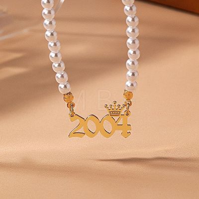 Alloy Crown Birth Year Pendant Imitation Pearl Round White Beaded Necklaces for Women FS-WG173C9-01-1