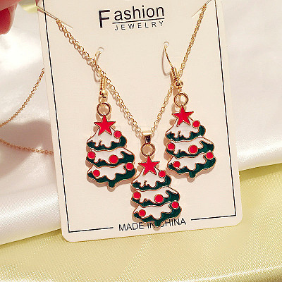 Christmas Tree Alloy Enamel Pendant Necklaces & Dangle Earrings Sets WG2E782-04-1