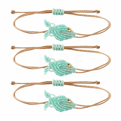 Ocean Adjustable Braided Wax Cord Fish Link Bracelet Sets with Brass Beads for Women XU5174-9-1