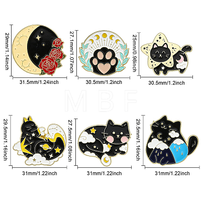 6Pcs 6 Style Cat with Moon & Star Enamel Pin JEWB-CA0001-18-1