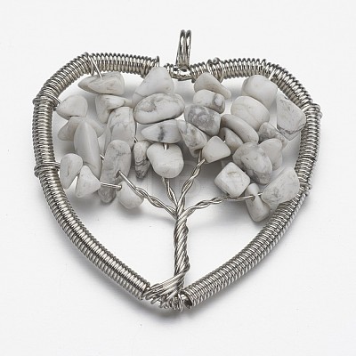 Natural Howlite Bead Brass Wire Wrapped Heart Big Pendants KK-L136-04G-NR-1