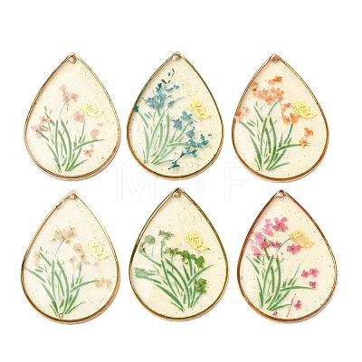 Brass & Transparent Epoxy Resin & Dried Flower Pendants RESI-G133-02G-1