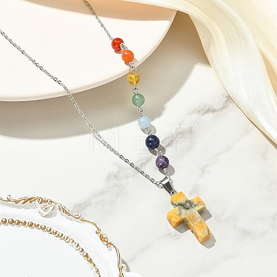 Chakra Natural Mixed Gemstone Religion Cross Pendant 304 Stainless Steel Cable Chain Necklaces for Women NJEW-JN06268-1