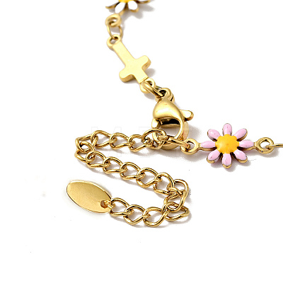 Enamel Flower & Cross Link Chain Bracelet BJEW-C023-01G-01-1
