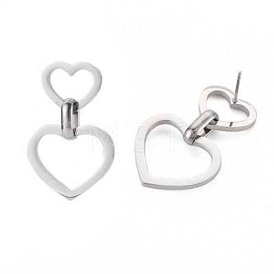 304 Stainless Steel Double Heart Dangle Stud Earrings for Women EJEW-N016-015P-1