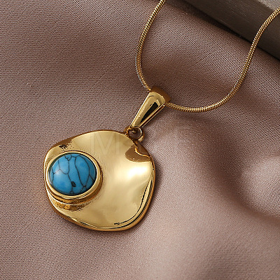 304 Stainless Steel with Dyed Synthetic Turquoise Disc Pendant Necklaces for Women ON4830-1