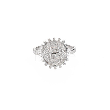 Non-Tarnish 304 Stainless Steel Flat Round with Initial Letter Open Cuff Ring for Men Women RJEW-S405-246P-P-1