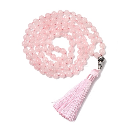 Natural Rose Quartz Mala Prayer Round Beaded Wrap Necklaces with Long Tassel and Metal Tree of Life FS-WG93CBE-02-1