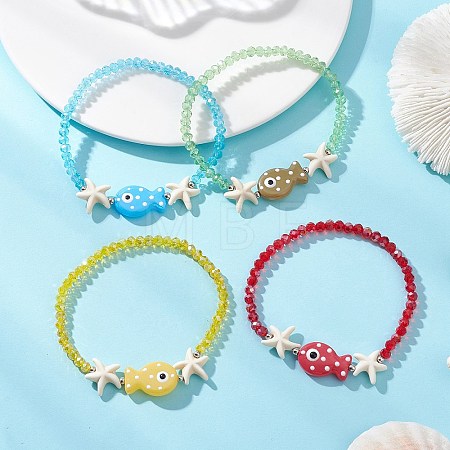 4Pcs Glass and Synthetical Turquoise Beads Stretch Bracelets for Women BJEW-TA00709-1
