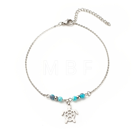 304 Stainless Steel Turtle Charm Anklet with Round Natural White Jade Beads for Women AJEW-AN00498-04-1