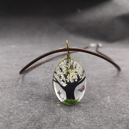 Alloy Wire Wrapped Oval Glass Inner Dried Flower Tree Pendant Waxed Cord Necklaces for Women FS-WG6B63C-01-1