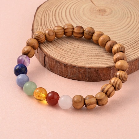 Round Wood Beaded Stretch Bracelets BJEW-JB02135-05-1