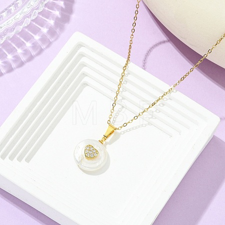 Natural Keshi Pearl Coin with Heart Pendant 304 Stainless Steel Cable Chain Necklaces for Women NJEW-JN06117-1