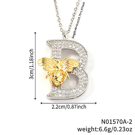 Brass Micro Pave Clear Cubic Zirconia Bee Initial Pendant Necklaces FS-WGF5E80-02-1