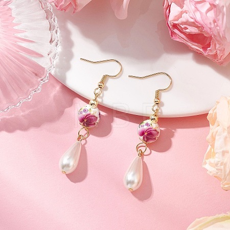 Round with Flower Pattern Porcelain Ceramic Dangle Earrings EJEW-JE06347-04-1