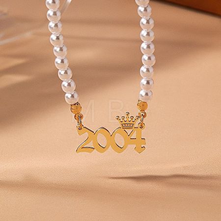 Alloy Crown Birth Year Pendant Imitation Pearl Round White Beaded Necklaces for Women FS-WG173C9-01-1