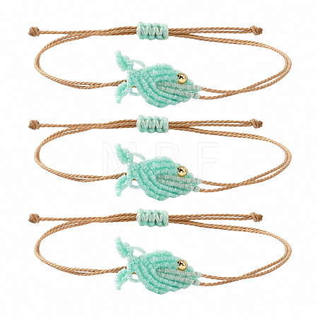 Ocean Adjustable Braided Wax Cord Fish Link Bracelet Sets with Brass Beads for Women XU5174-9-1
