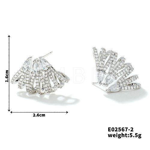 Geometric Copper Fan-shaped Luxury Zircon Stud Earrings QJ0345-2-1