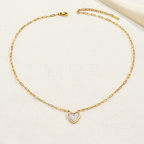 Natural Shell Heart Pendant Necklaces with Golden Stainless Steel Paperclip Chains EU3732-2-1