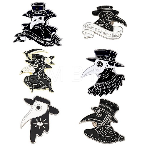 6Pcs 6 Style Plague Doctor Enamel Pin JEWB-SC0001-27-1