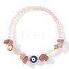 Natural Strawberry Quartz Chip & Brass Evil Eye & Glass Beaded Stretch Bracelets for Daily Wear PI9480-8-1