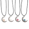 4Pcs 4 Colors Round Natural Dyed Green Jade & Heated Citrine & Hemimorphite & Moonstone Alloy Hollow Moon Pendant Black Waxed Cord Necklaces for Women NJEW-TA00262-3