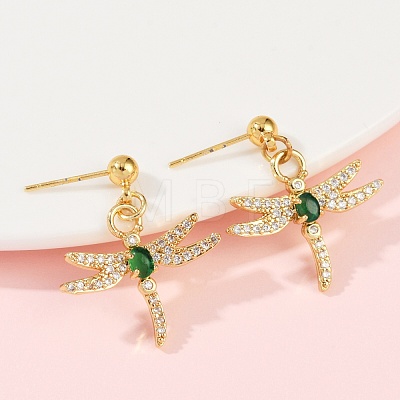Dragonfly Brass Micro Pave Cubic Zirconia Dangle Stud Earrings EJEW-F895-15G-1