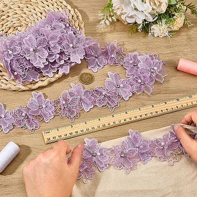 1Pc Polyester Flower Lace Trim with Imitaiton Pearl OCOR-ME0001-48A-1