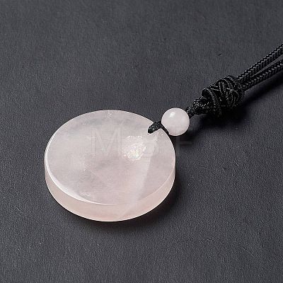 Natural Rose Quartz Flat Round with Tree of Life Pendant Necklace with Nylon Cord for Women NJEW-P274-03-06-1