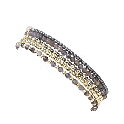 5Pcs 5 Styles Natural Rainbow Moonstone & Iolite & Non-magnetic Synthetic Hematite Beads Bracelets BJEW-JB13090-1