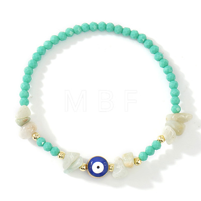 Natural Gemstone Chip & Brass Evil Eye & Glass Beaded Stretch Bracelets for Daily Wear PI9480-4-1