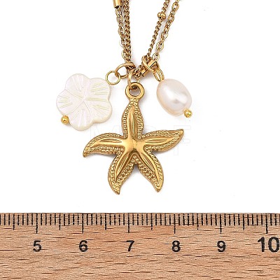 Ocean Natural Shell Flower & Rice Pearl & 304 Stainless Steel Starfish Pendant 2-Strand Chain Necklaces for Women NJEW-JN06260-1