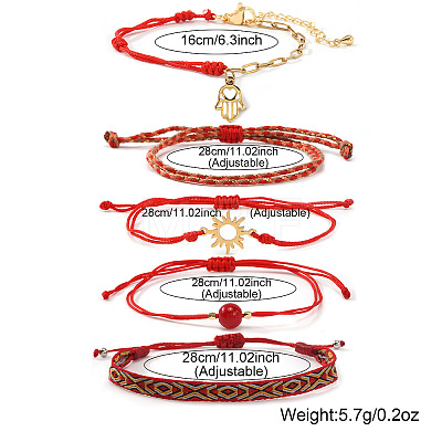 5Pcs 5 Styles Braided Nylon Thread Bracelet & 304 Stainless Steel Link & Charm Bracelets & Glass & Seed Bead Braided Bead Bracelet Set for Women KZ3324-5-1