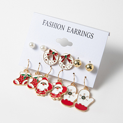 6 Pairs Christmas Zinc Alloy Enamel & Rhinestone & Plastic Pearl Dangle Earring & Stud Earring Sets FS-WGCB662-06-1