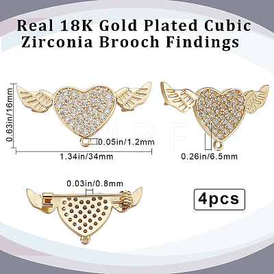 Beebeecraft 4Pcs Brass Micro Pave Clear Cubic Zirconia Brooch Findings FIND-BBC0002-79-1